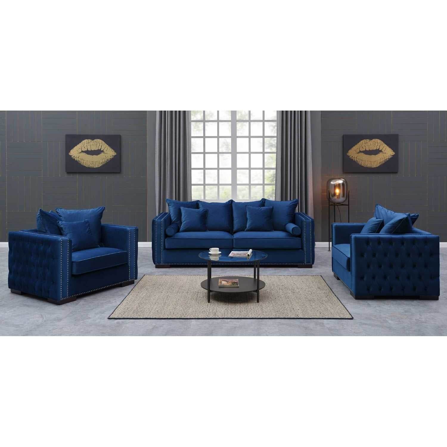 Luxurious Moscow Sofa Sets in Navy Blue Velvet with Chesterfield Detailing – 1, 2 or 3 Seater Options - UK Luxury Furniture