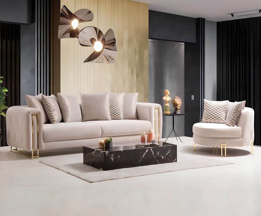 Sydney Luxury Sofa Suite Set in Cream Velvet with Exquisite Metal Detailing - UK Luxury Furniture