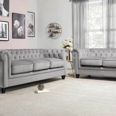 Luxury Grey Velvet Chesterfield Sofa Sets - 1, 2 & 3 Seater Options with Silver Nail Head Trim - UK Luxury Furniture
