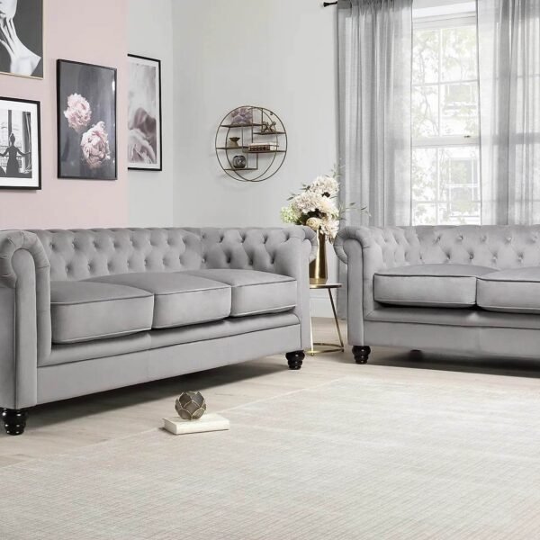 Luxury Grey Velvet Chesterfield Sofa Sets - 1, 2 & 3 Seater Options with Silver Nail Head Trim - UK Luxury Furniture