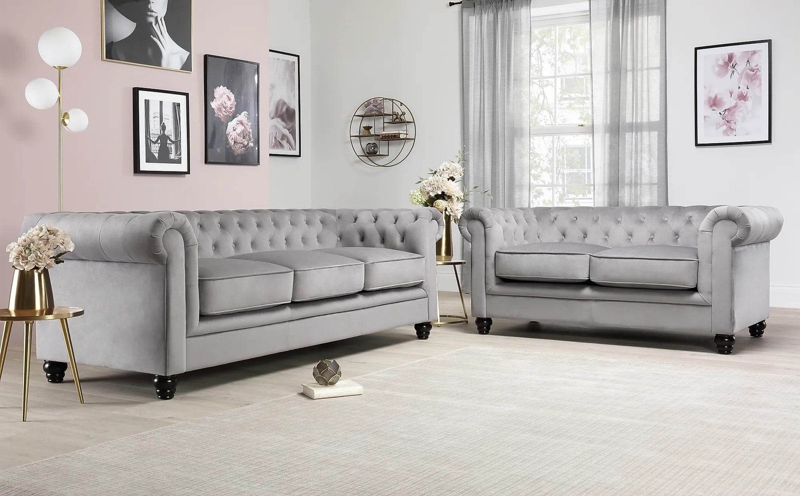 Luxury Grey Velvet Chesterfield Sofa Sets - 1, 2 & 3 Seater Options with Silver Nail Head Trim - UK Luxury Furniture