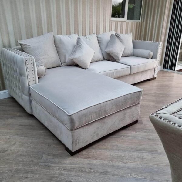 Luxury Moscow Corner Sofa in Cream Velvet with Deep Button Detailing & Scatter Cushions - UK Luxury Furniture