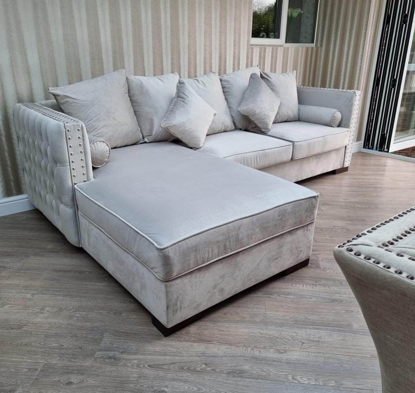 Luxury Moscow Corner Sofa in Cream Velvet with Deep Button Detailing & Scatter Cushions - UK Luxury Furniture