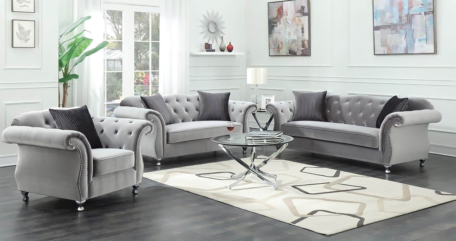 Luxury Grey Velvet Chesterfield Sofa Sets - 1, 2 & 3 Seaters with Silver Nail Head Trim - UK Luxury Furniture