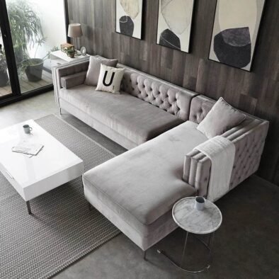 Luxurious Grey Velvet Chesterfield Corner Settee Sofa with Storage & Chrome Legs - UK Luxury Furniture