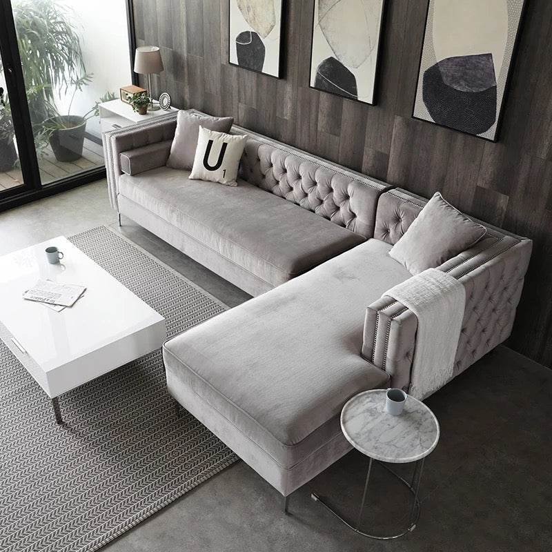 Luxurious Grey Velvet Chesterfield Corner Settee Sofa with Storage & Chrome Legs - UK Luxury Furniture