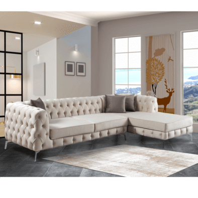 Rocky Chesterfield Cream Velvet Corner Sofa - Luxury Deep Buttoned Design, Chrome Legs, 2-Year Warranty - UK Luxury Furniture