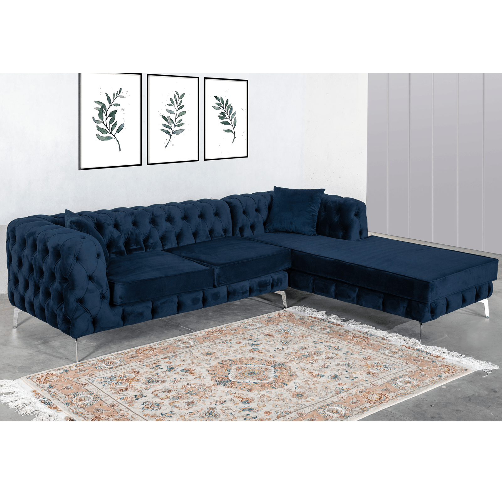 Rocky Chesterfield Navy Blue Velvet Corner Sofa - Luxurious Comfort with Deep Buttoning - UK Luxury Furniture