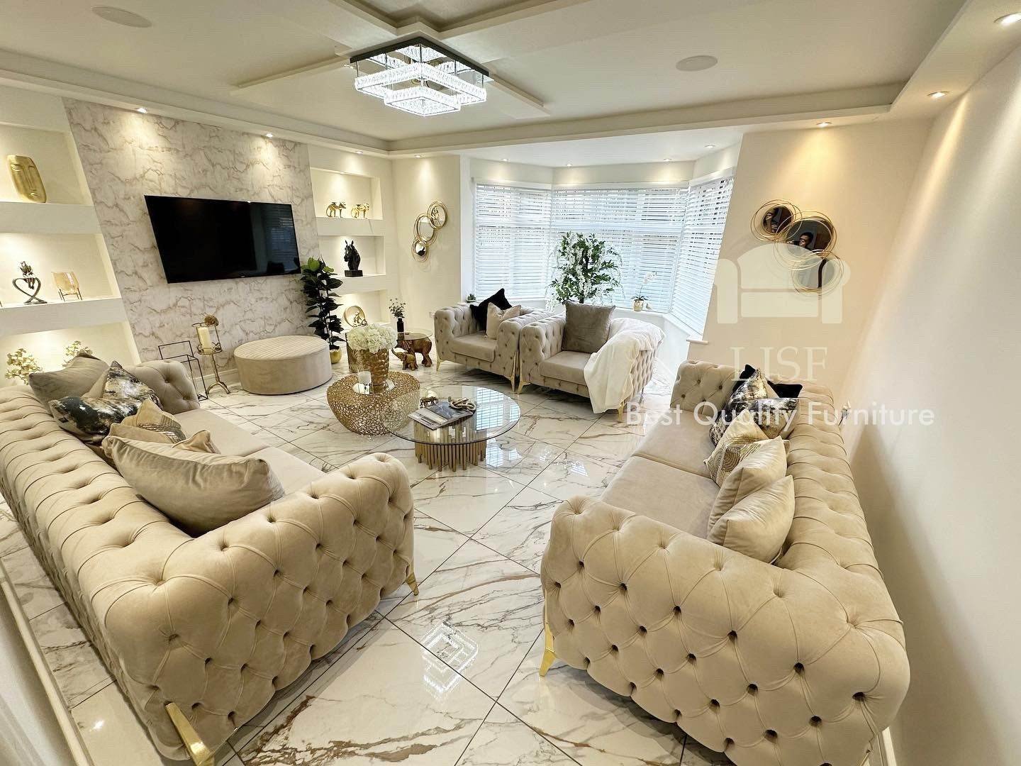 Rocky Chesterfield Sofa Set in Luxury Cream Velvet - 1, 2 & 3 Seater Options with Gold Legs - UK Luxury Furniture