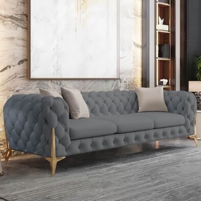 Spacious Rocky Chesterfield Sofa Set in Luxury Grey Faux Leather with Gold Legs - UK Luxury Furniture