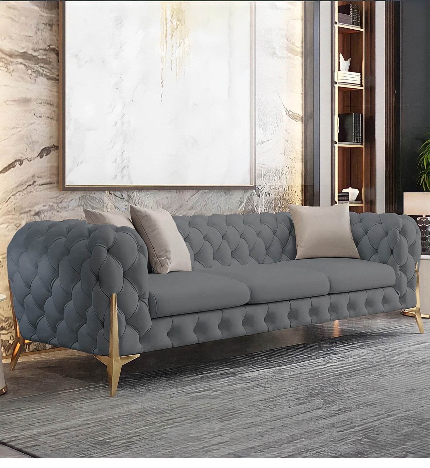 Spacious Rocky Chesterfield Sofa Set in Luxury Grey Faux Leather with Gold Legs - UK Luxury Furniture