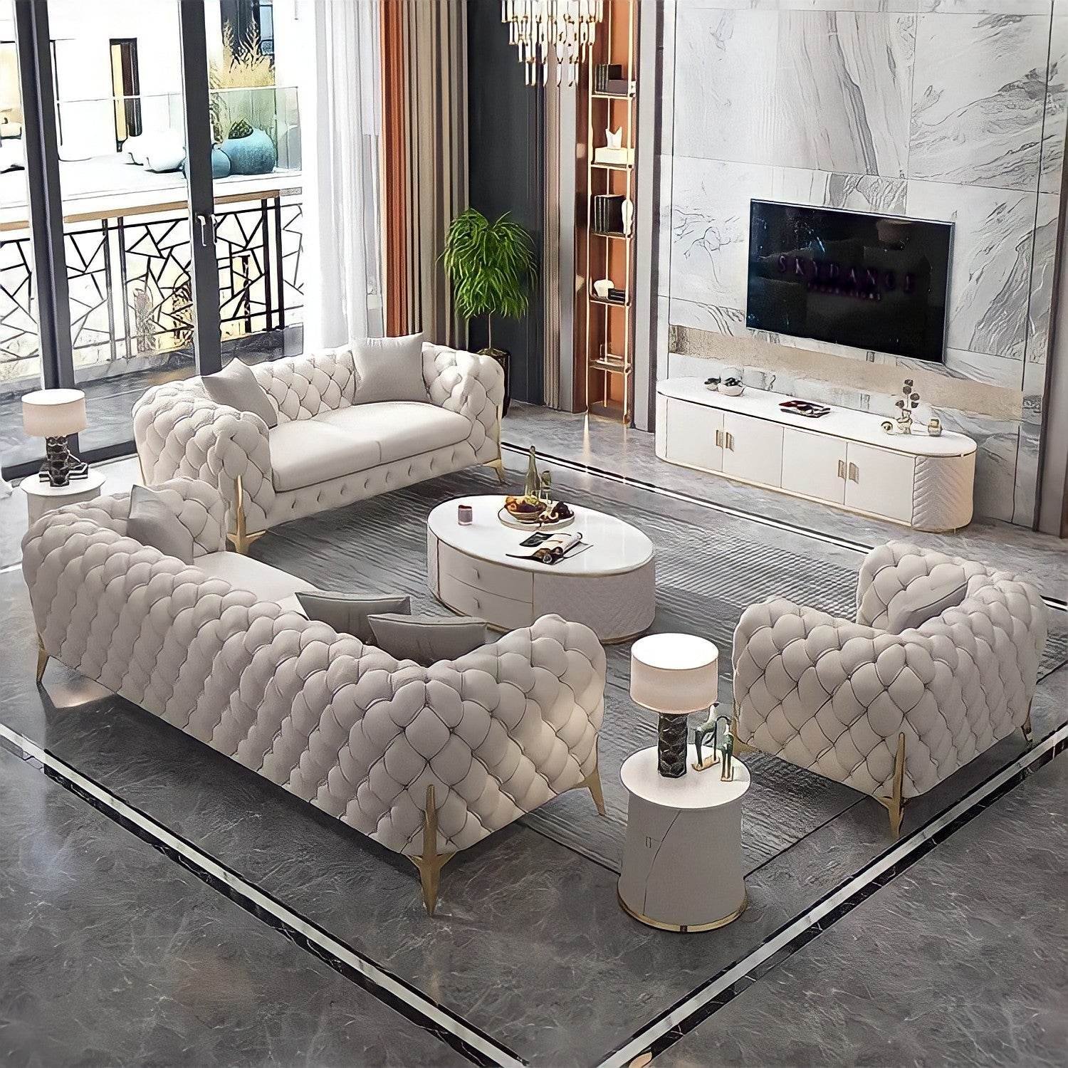 Rocky Chesterfield 3 Seater Sofa Set in Luxury Light Cream Leather with Gold Metal Legs - UK Luxury Furniture
