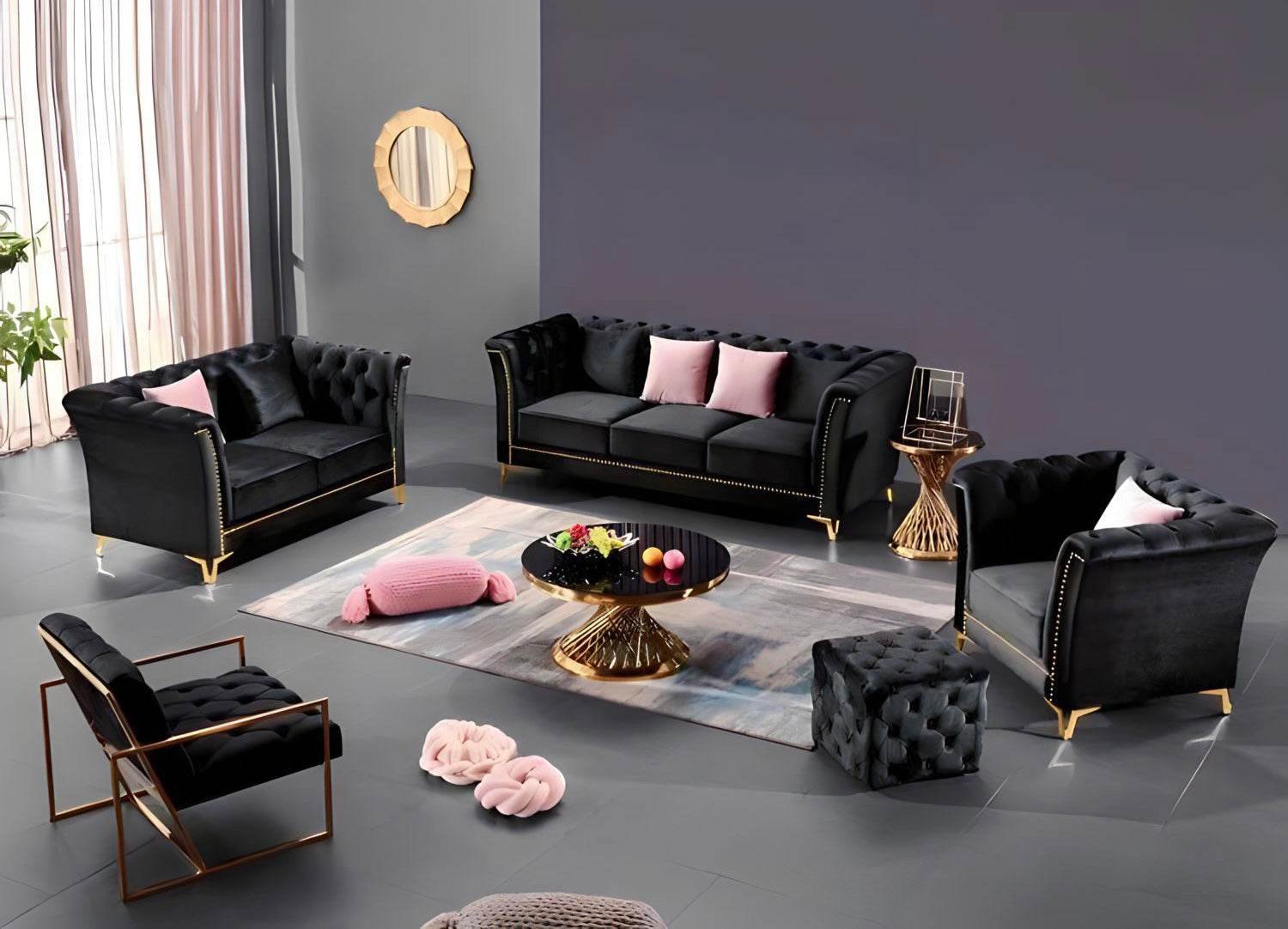 Venice Luxury Black Velvet Sofa Set – Stylish Chesterfield Design, Deep Button Detailing - UK Luxury Furniture