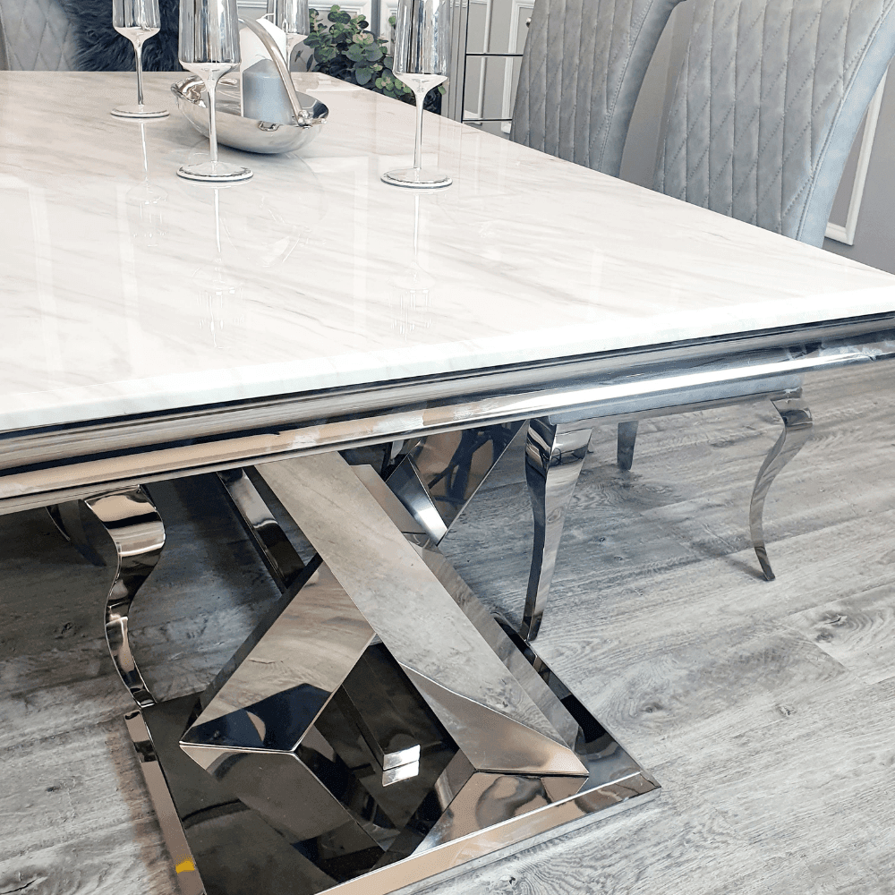 Xavia 1.8m Dining Table with Marble, Sintered Stone, or Glass Top & Polished Stainless Steel Base - UK Luxury Furniture