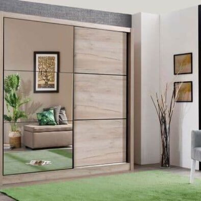 Navara Oak Effect Sliding Door Wardrobe 215cm with Mirrored Doors - UK Luxury Furniture