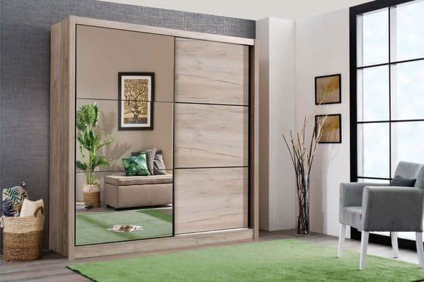 Navara Oak Effect Sliding Door Wardrobe 215cm with Mirrored Doors - UK Luxury Furniture