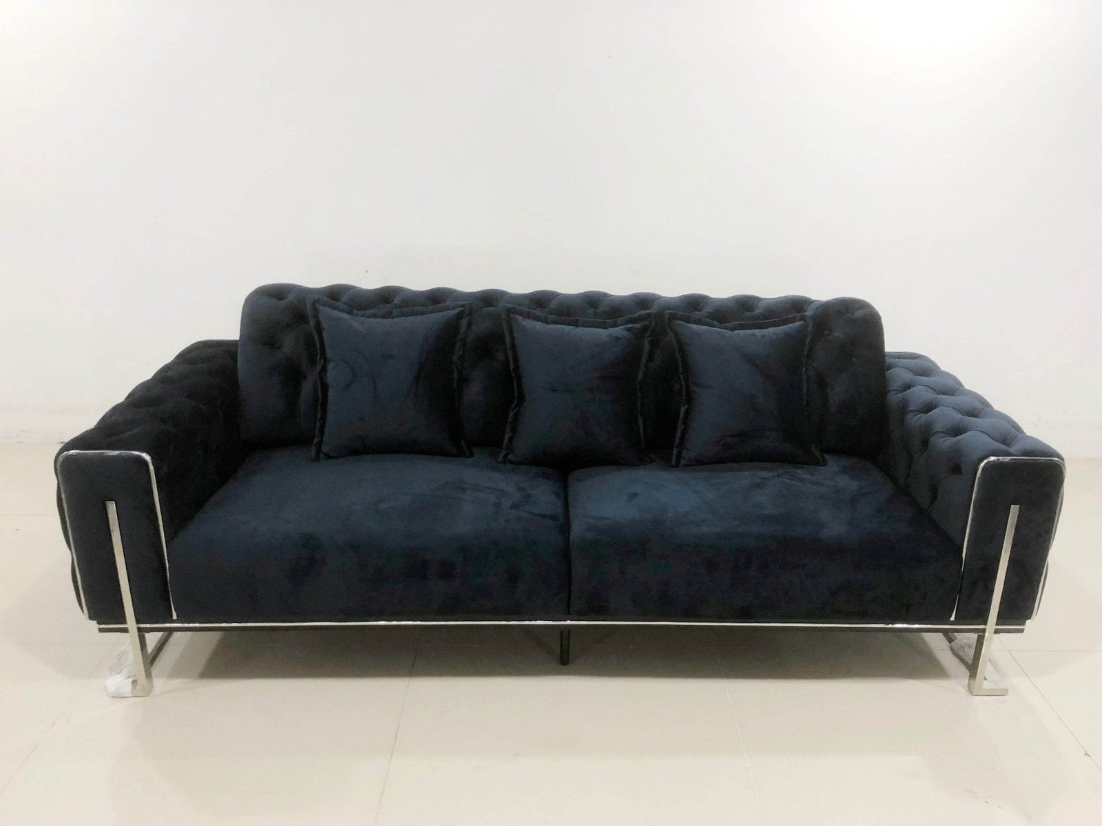Antalya Luxury Black Velvet Sofa Set with Silver Trim - Classic Chesterfield Design - 2 Sofas & Armchairs - UK Luxury Furniture
