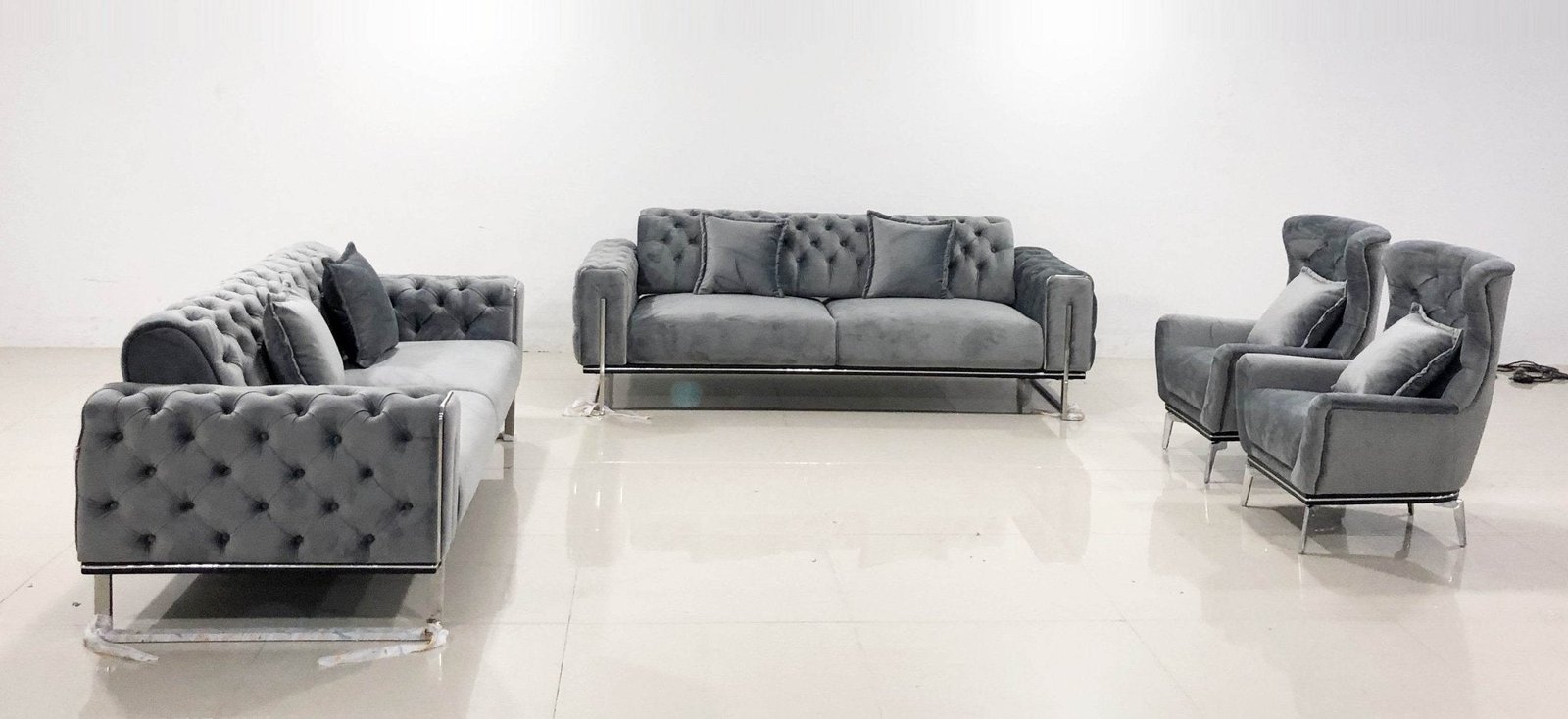 Luxury Grey Velvet Antalya Sofa Set with Elegant Silver Detailing - Chesterfield Design - UK Luxury Furniture