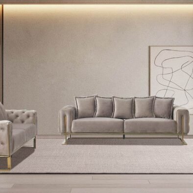 Antalya Luxury Light Cream Velvet Sofa Set with Gold Detailing - Elegant Chesterfield Design - UK Luxury Furniture