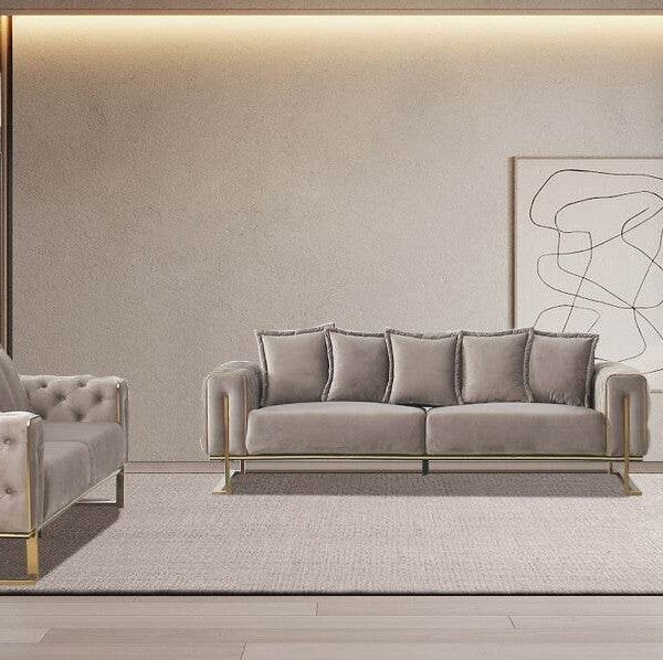 Antalya Luxury Light Cream Velvet Sofa Set with Gold Detailing - Elegant Chesterfield Design - UK Luxury Furniture