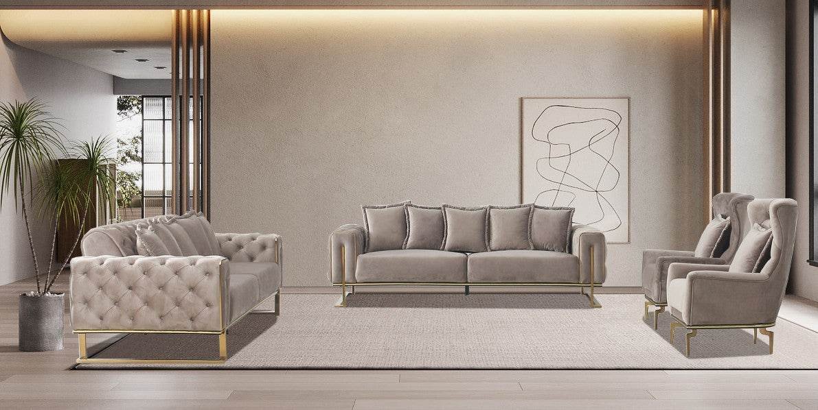 Antalya Luxury Light Cream Velvet Sofa Set with Gold Detailing - Elegant Chesterfield Design - UK Luxury Furniture