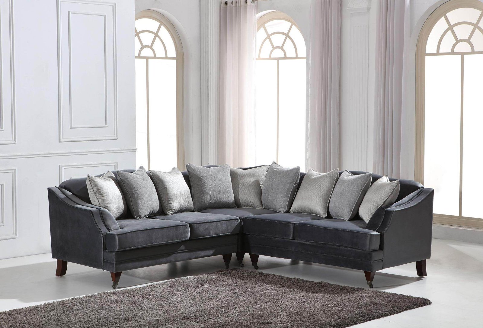 Hampton Luxury Dark Grey Velvet Corner Sofa with Stylish Rolled Arms & Decorative Piping - UK Luxury Furniture