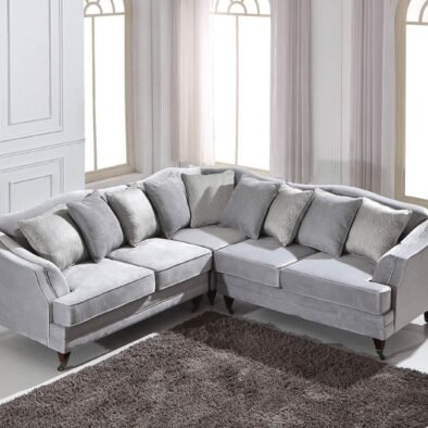Hampton Corner Sofa in Elegant Luxury Light Grey Velvet with Rolled Arms & Decorative Piping - UK Luxury Furniture