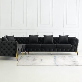 Rocky Chesterfield L-Shape Corner Sofa Set in Luxurious Black Velvet with Gold Legs - UK Luxury Furniture