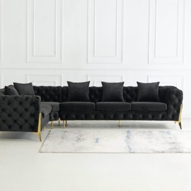 Rocky Chesterfield L-Shape Corner Sofa Set in Luxurious Black Velvet with Gold Legs - UK Luxury Furniture