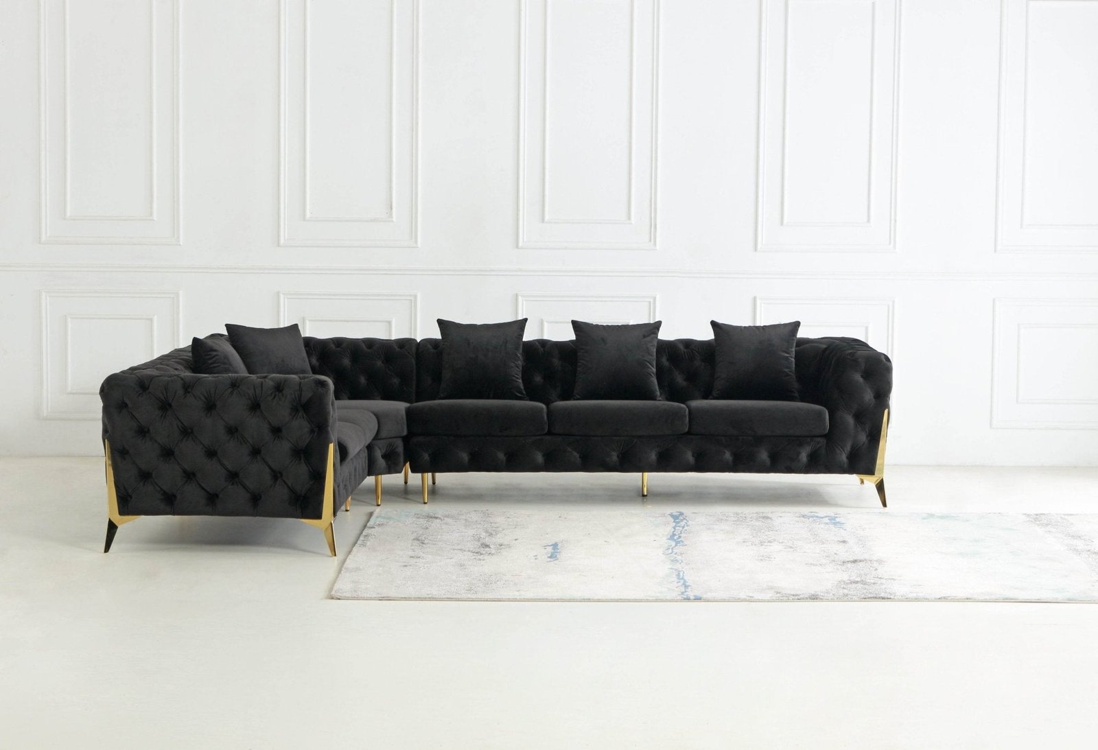 Rocky Chesterfield L-Shape Corner Sofa Set in Luxurious Black Velvet with Gold Legs - UK Luxury Furniture