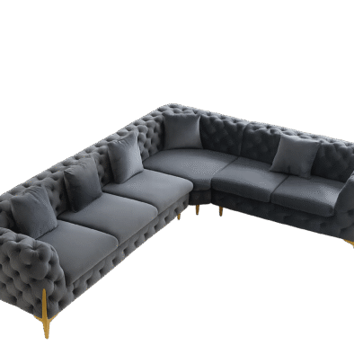 Rocky Chesterfield L-Shaped Corner Sofa Set - Elegant Grey Velvet with Gold Legs - UK Luxury Furniture