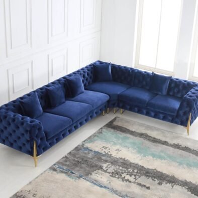 Rocky Chesterfield Navy Blue Velvet Corner Sofa Set with Gold Legs - Timeless Elegance - UK Luxury Furniture