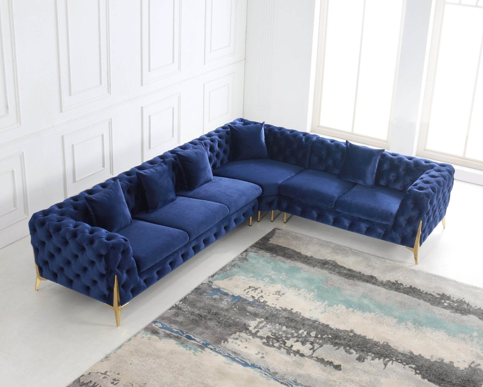 Rocky Chesterfield Navy Blue Velvet Corner Sofa Set with Gold Legs - Timeless Elegance - UK Luxury Furniture