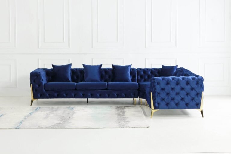 Rocky Chesterfield Navy Blue Velvet Corner Sofa Set with Gold Legs - Timeless Elegance - UK Luxury Furniture