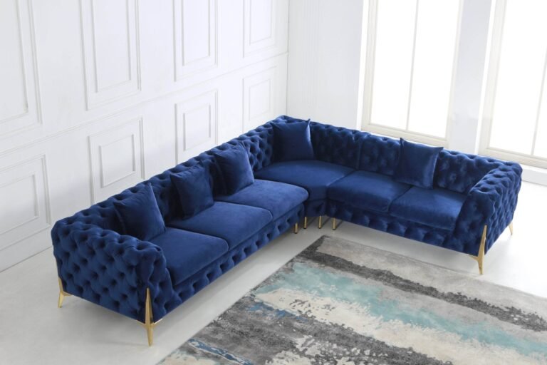 Rocky Chesterfield Navy Blue Velvet Corner Sofa Set with Gold Legs - Timeless Elegance - UK Luxury Furniture