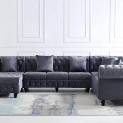 Classic Chesterfield L-Shape Corner Sofa in Luxurious Dark Grey Velvet with Deep Button-Tufting - UK Luxury Furniture
