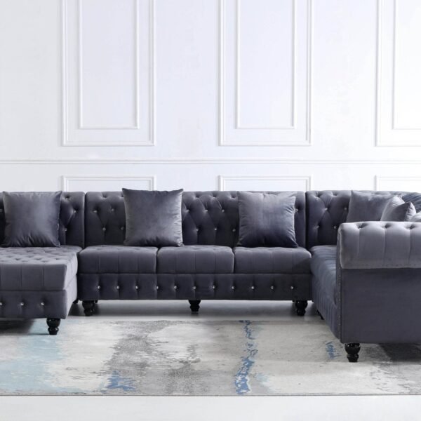 Classic Chesterfield L-Shape Corner Sofa in Luxurious Dark Grey Velvet with Deep Button-Tufting - UK Luxury Furniture