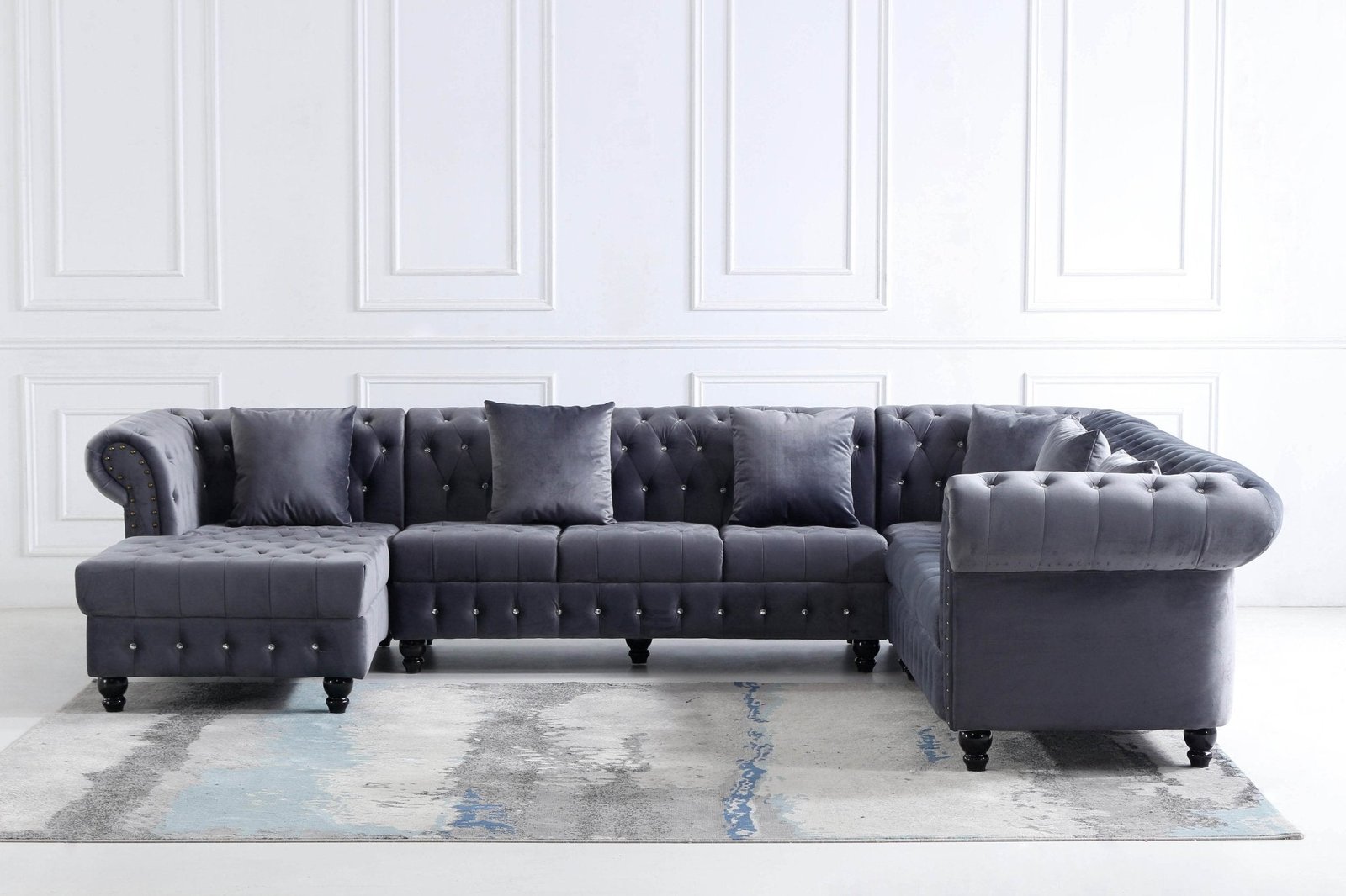 Classic Chesterfield L-Shape Corner Sofa in Luxurious Dark Grey Velvet with Deep Button-Tufting - UK Luxury Furniture