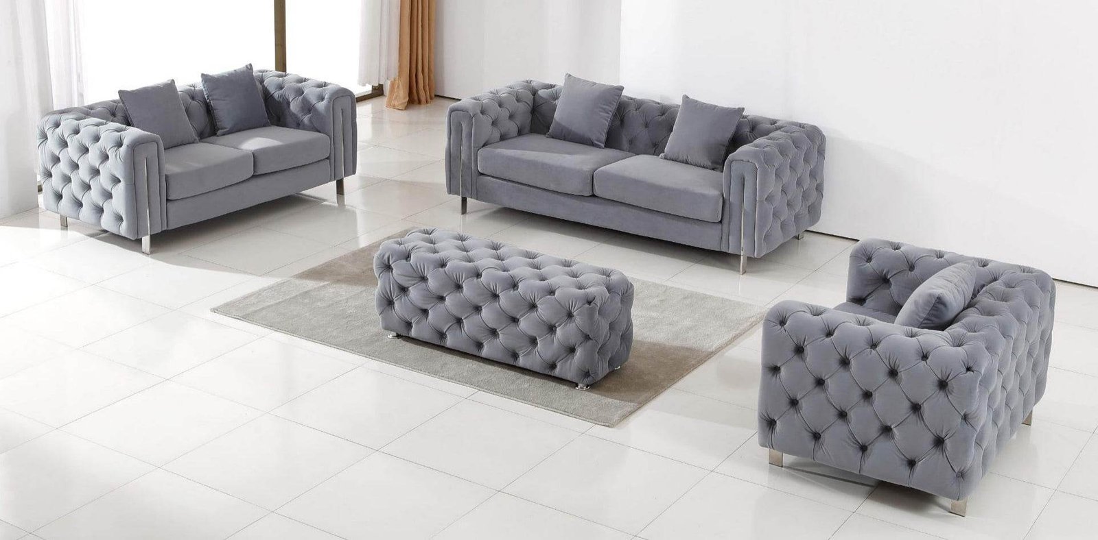 Luxury Grey Velvet Modern Chesterfield Sofa Set with Gold Legs - Stylish & Comfortable Designs - UK Luxury Furniture