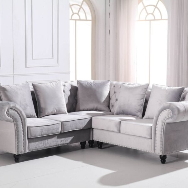 Luxury Light Grey Velvet Chesterfield L Shape Corner Sofa with Classic Styling - UK Luxury Furniture