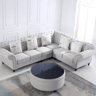 Chesterfield L Shape Corner Sofa in Luxury Stone Grey Fabric with Black Glass Coffee Table - UK Luxury Furniture