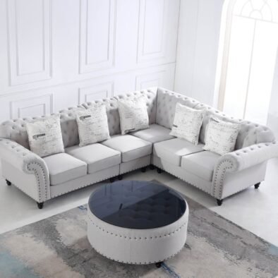 Chesterfield L Shape Corner Sofa in Luxury Stone Grey Fabric with Black Glass Coffee Table - UK Luxury Furniture