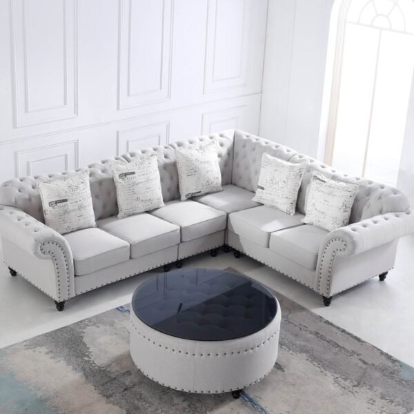 Chesterfield L Shape Corner Sofa in Luxury Stone Grey Fabric with Black Glass Coffee Table - UK Luxury Furniture