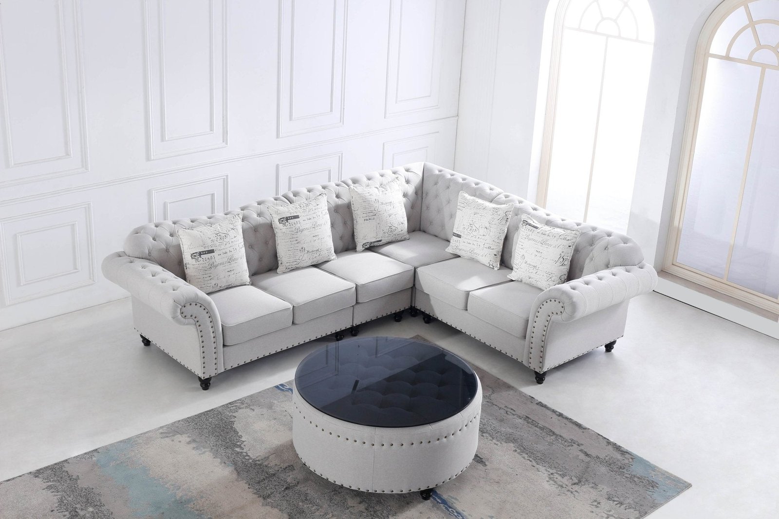 Chesterfield L Shape Corner Sofa in Luxury Stone Grey Fabric with Black Glass Coffee Table - UK Luxury Furniture