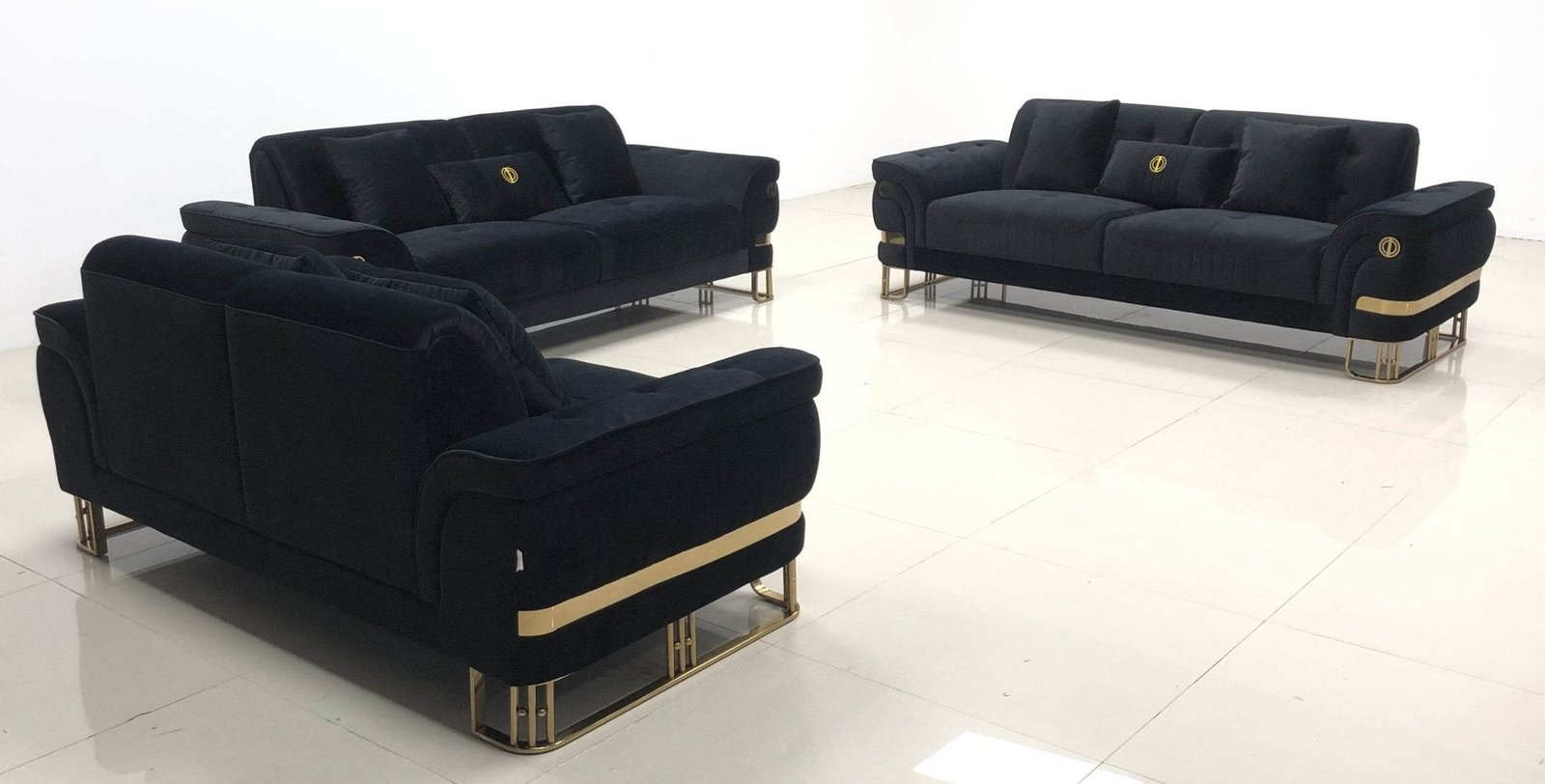 Tokyo Modern Black Velvet Sofa Set with Gold Accents and Plush Comfort - 2 & 3 Seater Options - UK Luxury Furniture