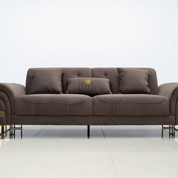 Tokyo Modern Luxury Sofa Set in Brown Velvet with Gold Accents & Plush Cushions - UK Luxury Furniture