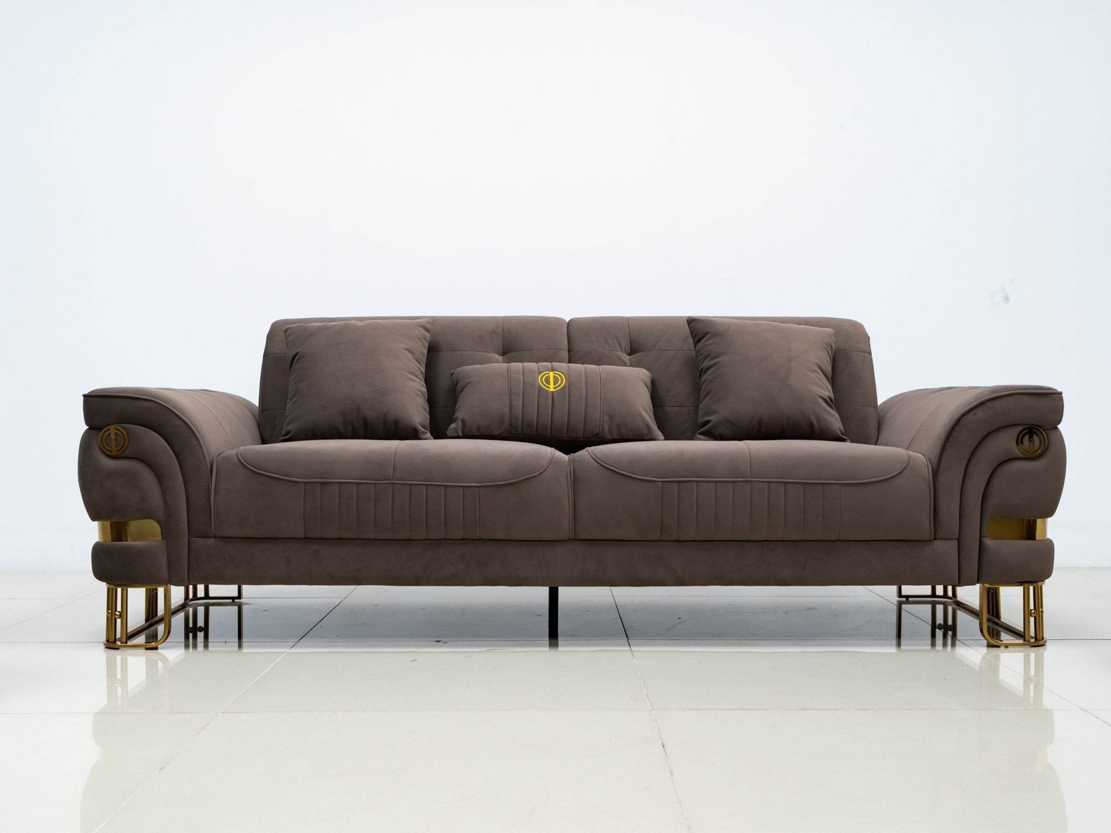 Tokyo Modern Luxury Sofa Set in Brown Velvet with Gold Accents & Plush Cushions - UK Luxury Furniture