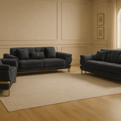 Luxury Grey Velvet Tokyo Modern 3 Seater Sofa Set with Gold Accents and Plush Cushions - UK Luxury Furniture