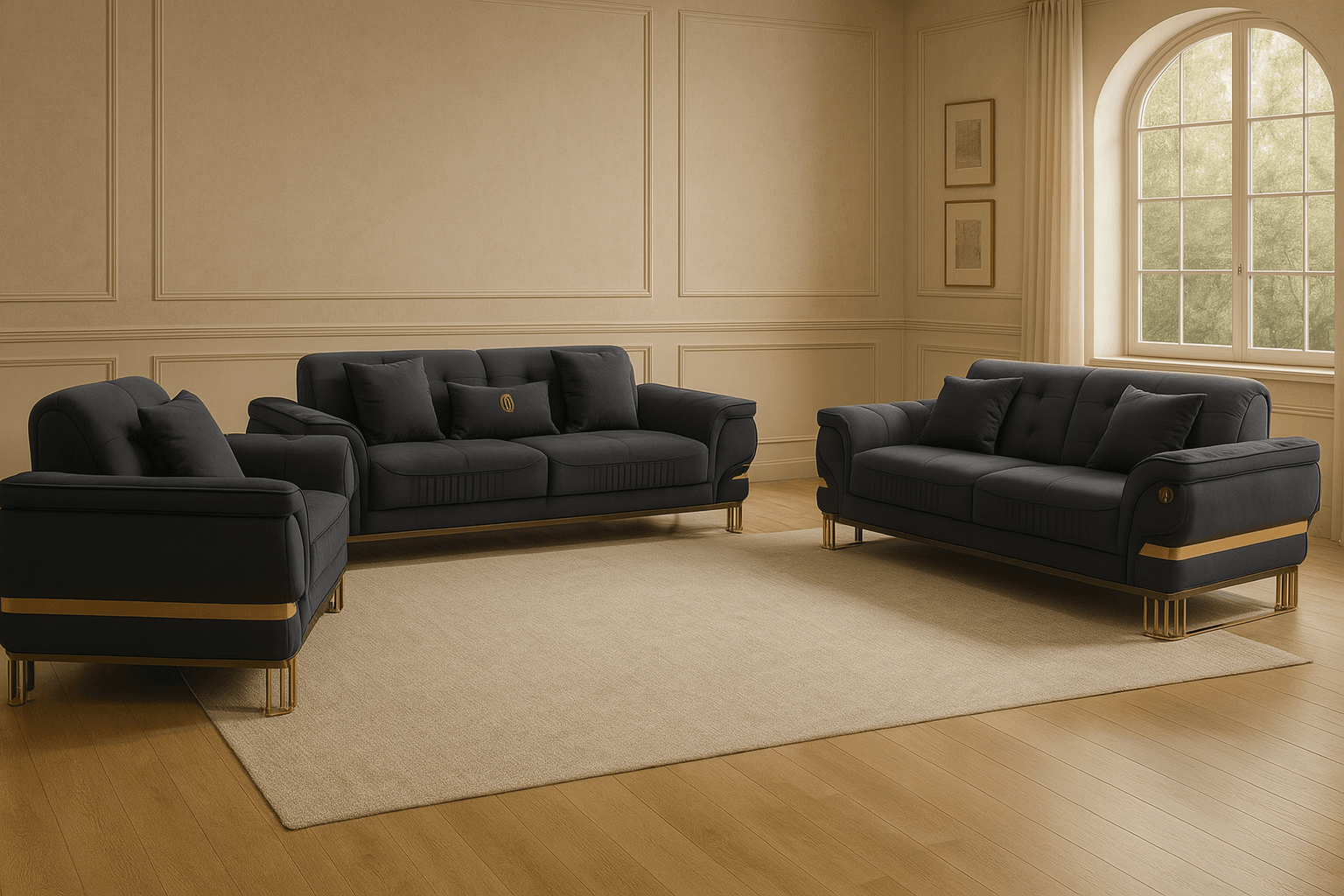 Luxury Grey Velvet Tokyo Modern 3 Seater Sofa Set with Gold Accents and Plush Cushions - UK Luxury Furniture