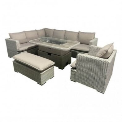 Nicol 6-Piece Steel & Rattan Outdoor Sofa Set with Fire Pit Table and Ice Bucket - Beige - UK Luxury Furniture